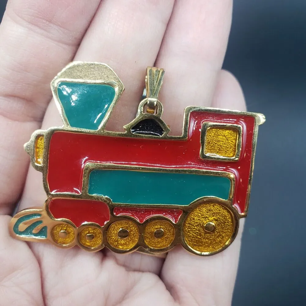 Lot of‎ 6 train Christmas ornaments including Wallace Silversmiths Enamel train